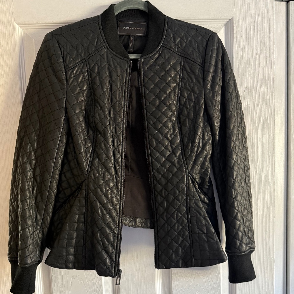 BCBG Maxazria Black Quilted Faux Leather Bomber JKT Coat Ruffle Peplum XS NWOT